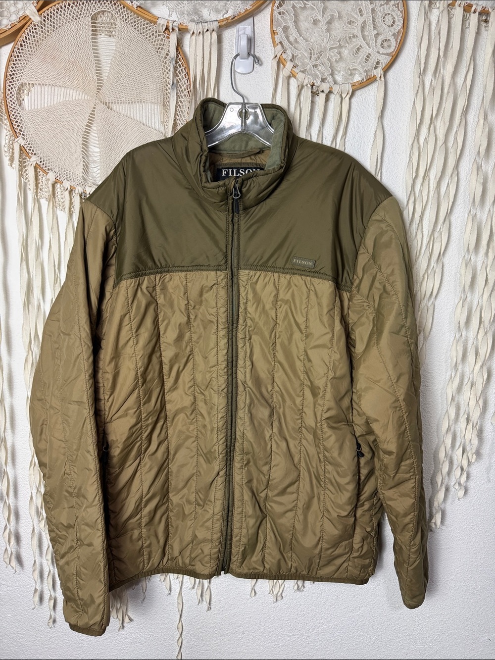 Filson Men's Ultralight Zip Front Quilted Jacket in Tan and Green XXL